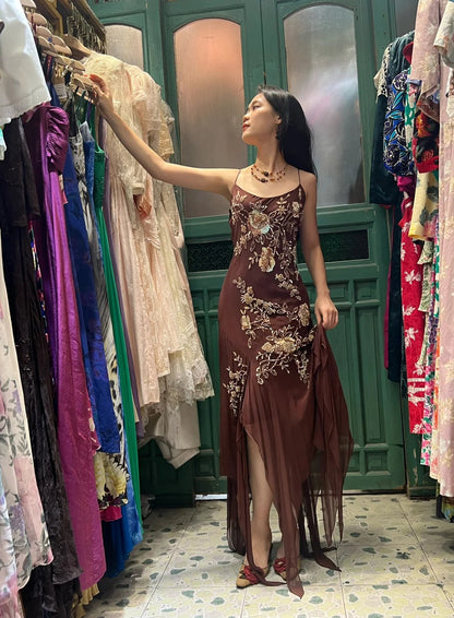 Vintage Brown Irregular Strap Beaded Sequined Prom Dress Evening Dress cc5293