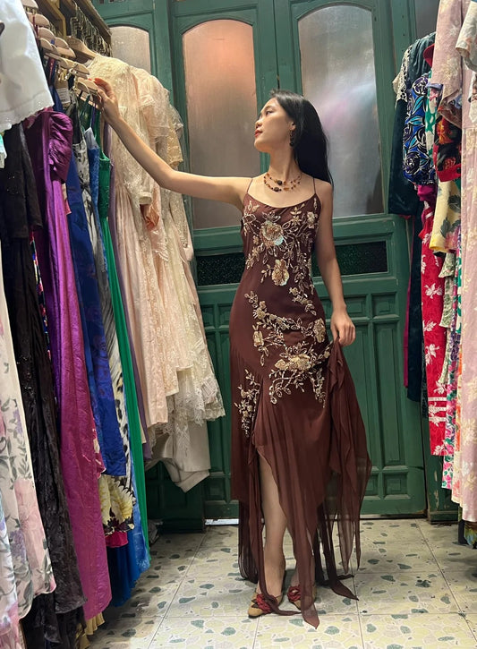 Vintage Brown Irregular Strap Beaded Sequined Prom Dress Evening Dress cc5293