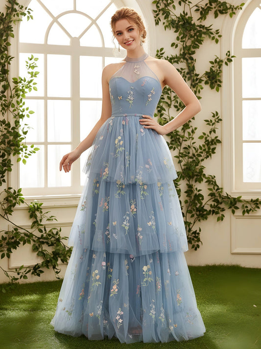 High-Neck Ball Gown with Bow-Tie Closure and Sheer Details Dusty Blue