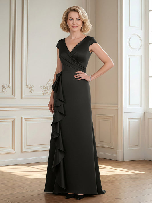 V-Neck Cap Sleeve Sheath Gown with Side Ruffles Black