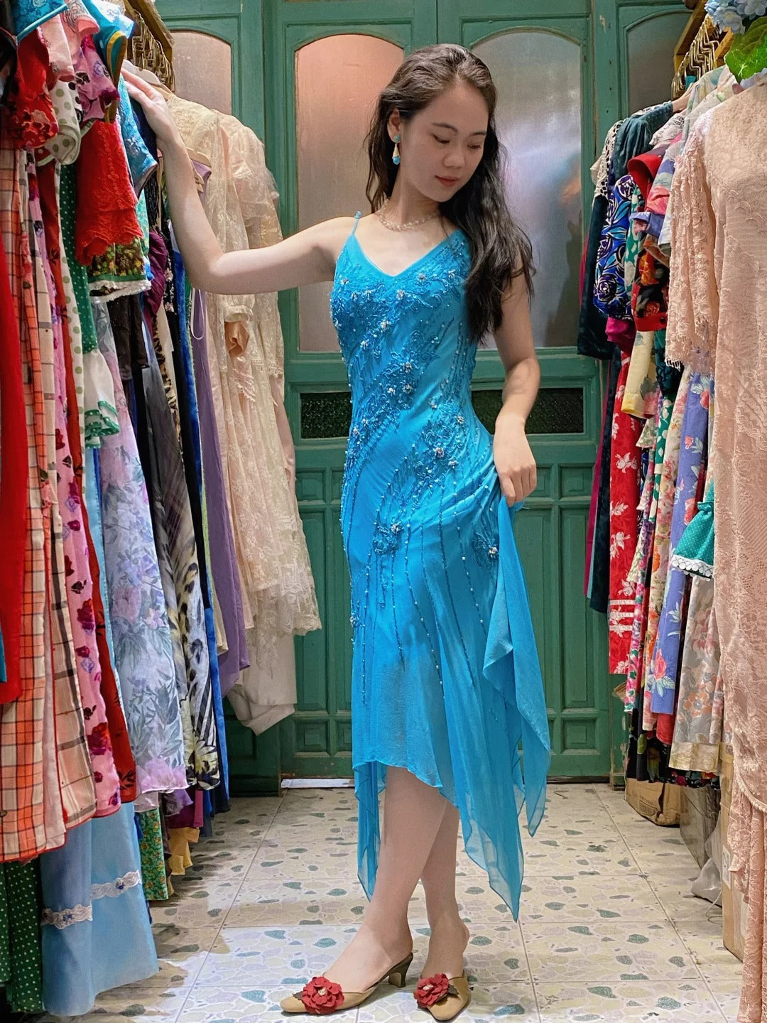 Elegant Blue Irregular Deep V Halter Beaded Chiffon Prom Dress Evening Dress cc5294