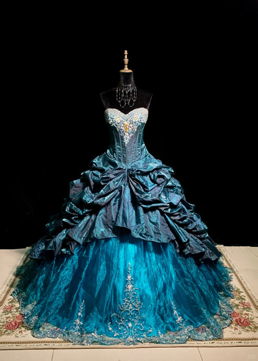 Teal Vintage Fashion Beaded Long Tulle Ball Gown gh4922