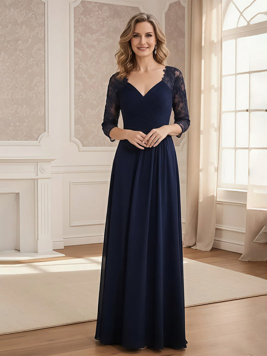 A-Line Lace Sleeves V-neck Chiffon Long Dress Dark Navy