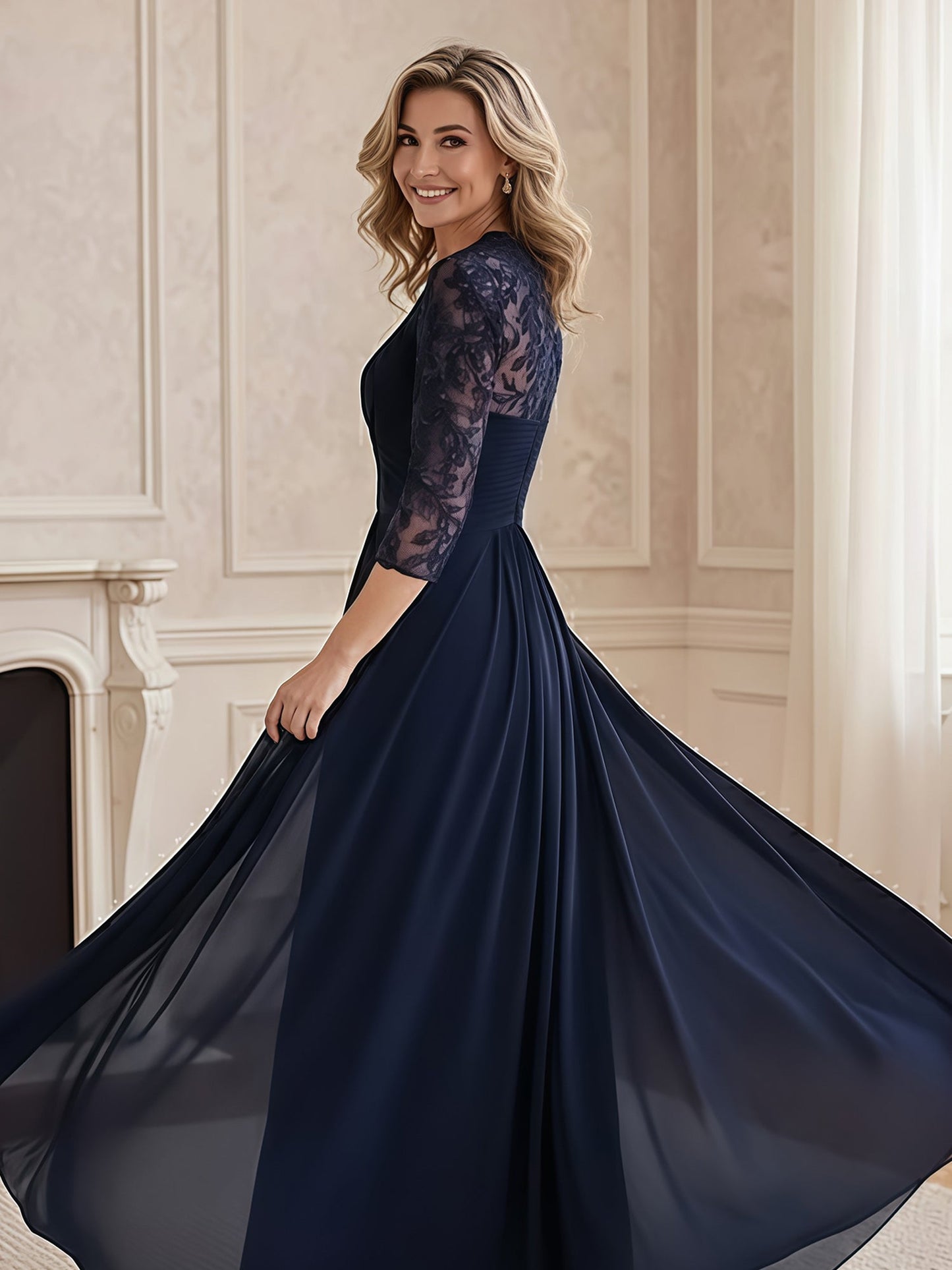A-Line Lace Sleeves V-neck Chiffon Long Dress Dark Navy