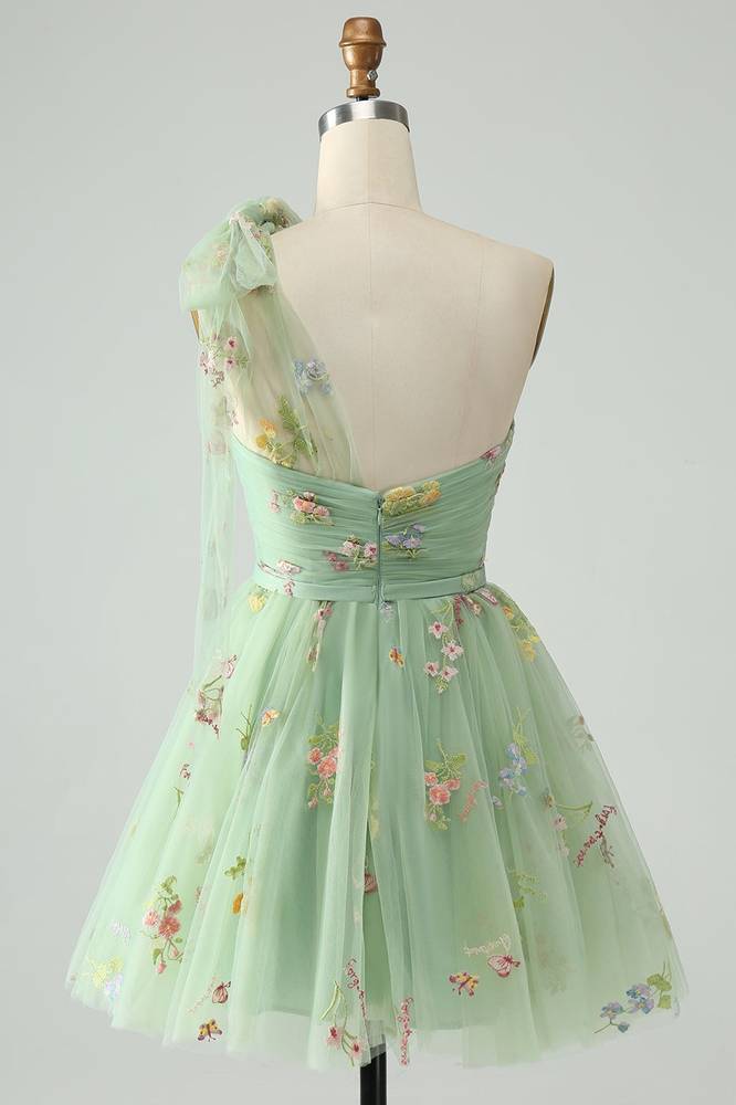 One-Shoulder A-Line Sage Green Homecoming Dress