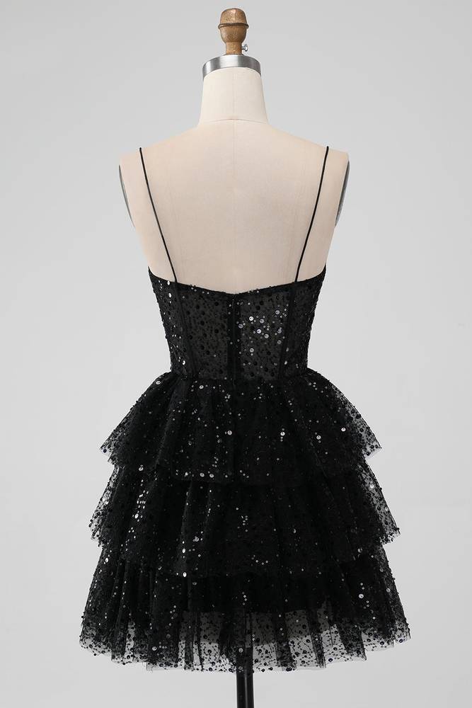 Black Sequins V-Neck A Line Ruffle Homecoming Dress