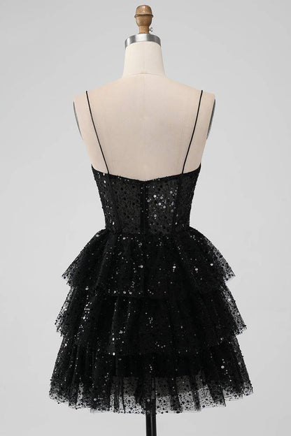 Black Sequins V-Neck A Line Ruffle Homecoming Dress