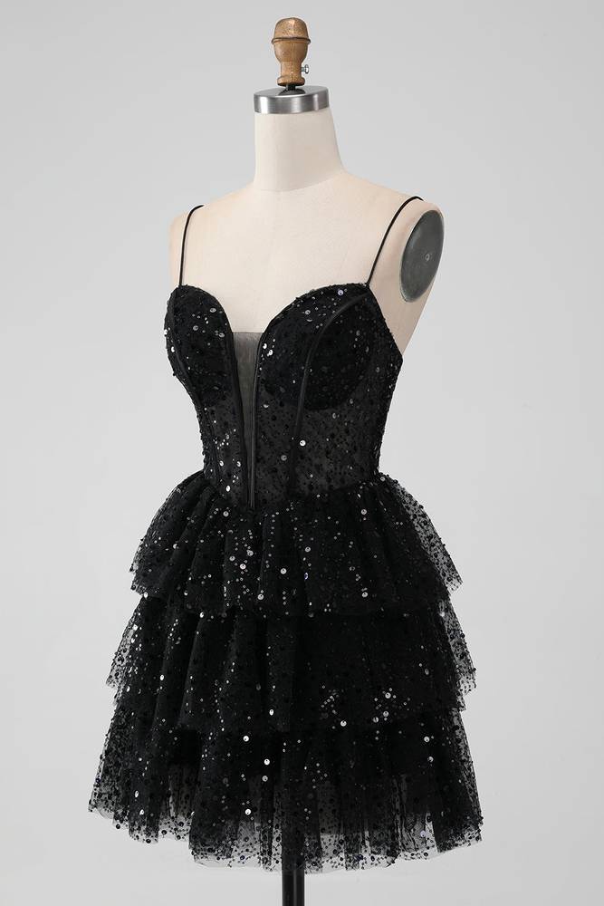 Black Sequins V-Neck A Line Ruffle Homecoming Dress