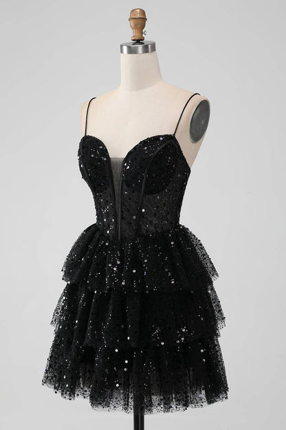 Black Sequins V-Neck A Line Ruffle Homecoming Dress