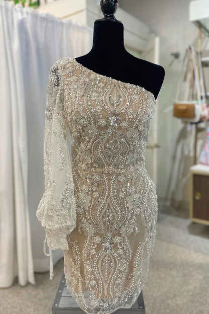 Ivory Beaded One-Sleeve Lace-Up Cocktail Dress