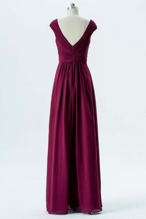 Magenta Chiffon Cap Sleeve Backless Bridesmaid Dress