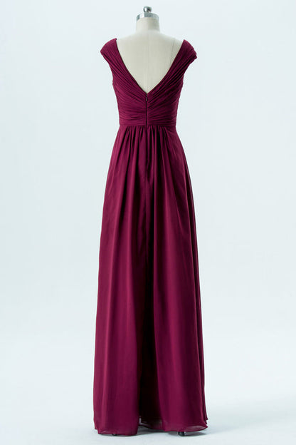 Magenta Chiffon Cap Sleeve Backless Bridesmaid Dress