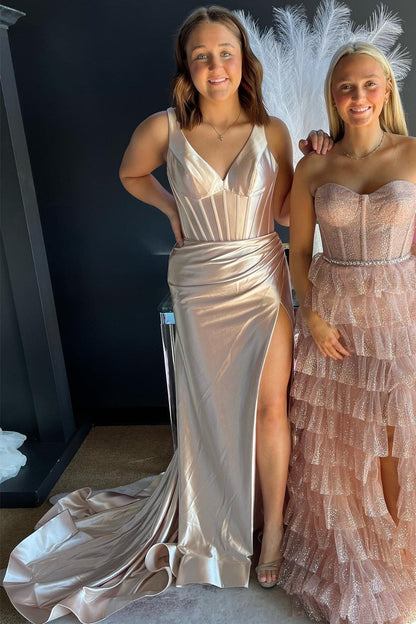 Pink V-Neck Ruched Mermaid Long Formal Dress with Slit