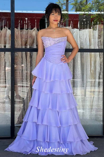 Tiered Lavender Beaded Sequin Strapless Prom Dress with A-Line