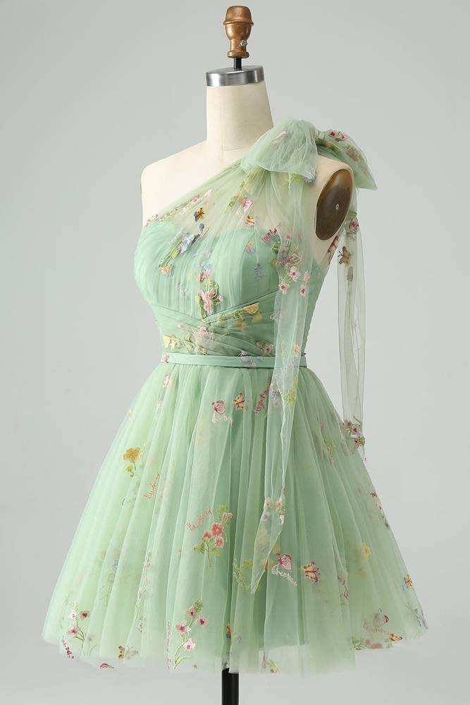 One-Shoulder A-Line Sage Green Homecoming Dress