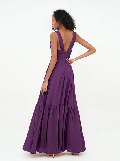 Deep V-neck chiffon layered skirt Bohemian style dress