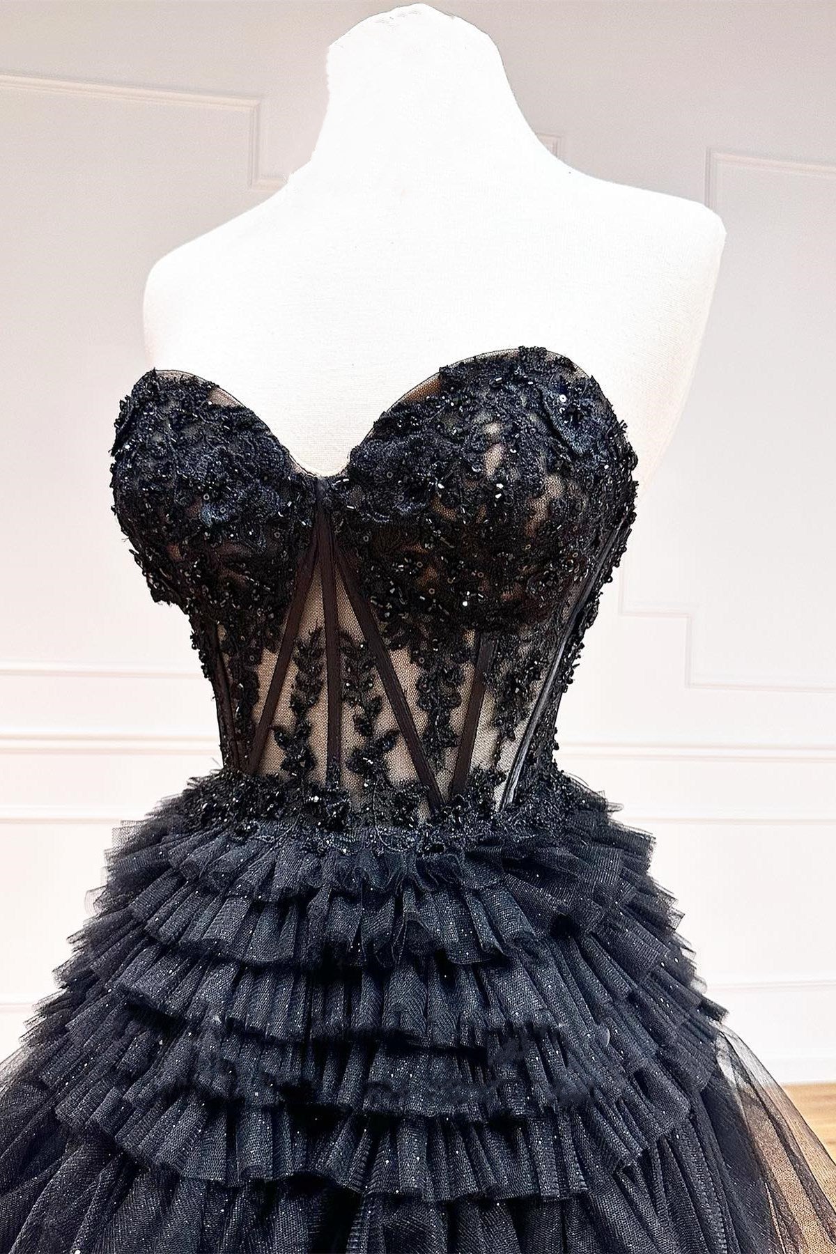 Strapless Tulle Sweetheart Tiered A-Line Long Prom Dress with Ruffles