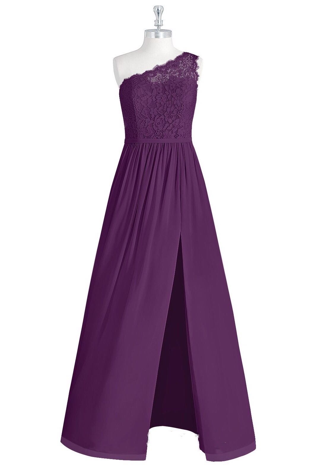 Purple Lace One-Shoulder A-Line Long Bridesmaid Dress with Slit