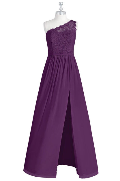 Purple Lace One-Shoulder A-Line Long Bridesmaid Dress with Slit