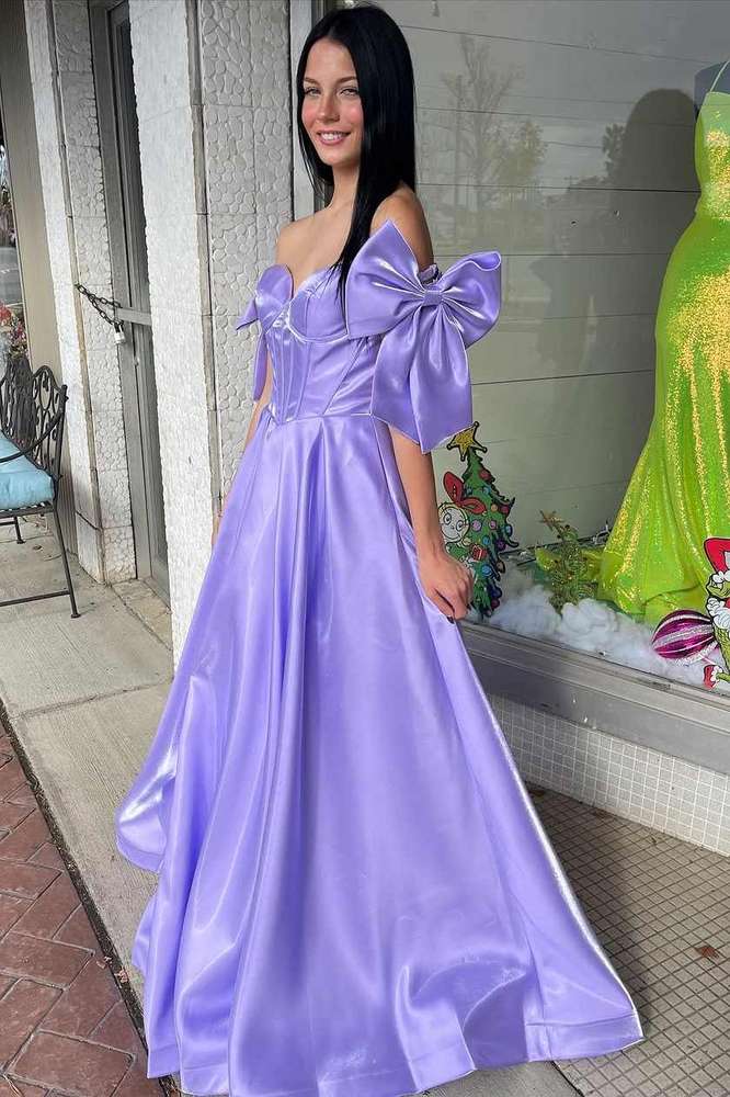 Bowknot Off Shoulder Fuchsia A-Line Corset Gala Prom Dress