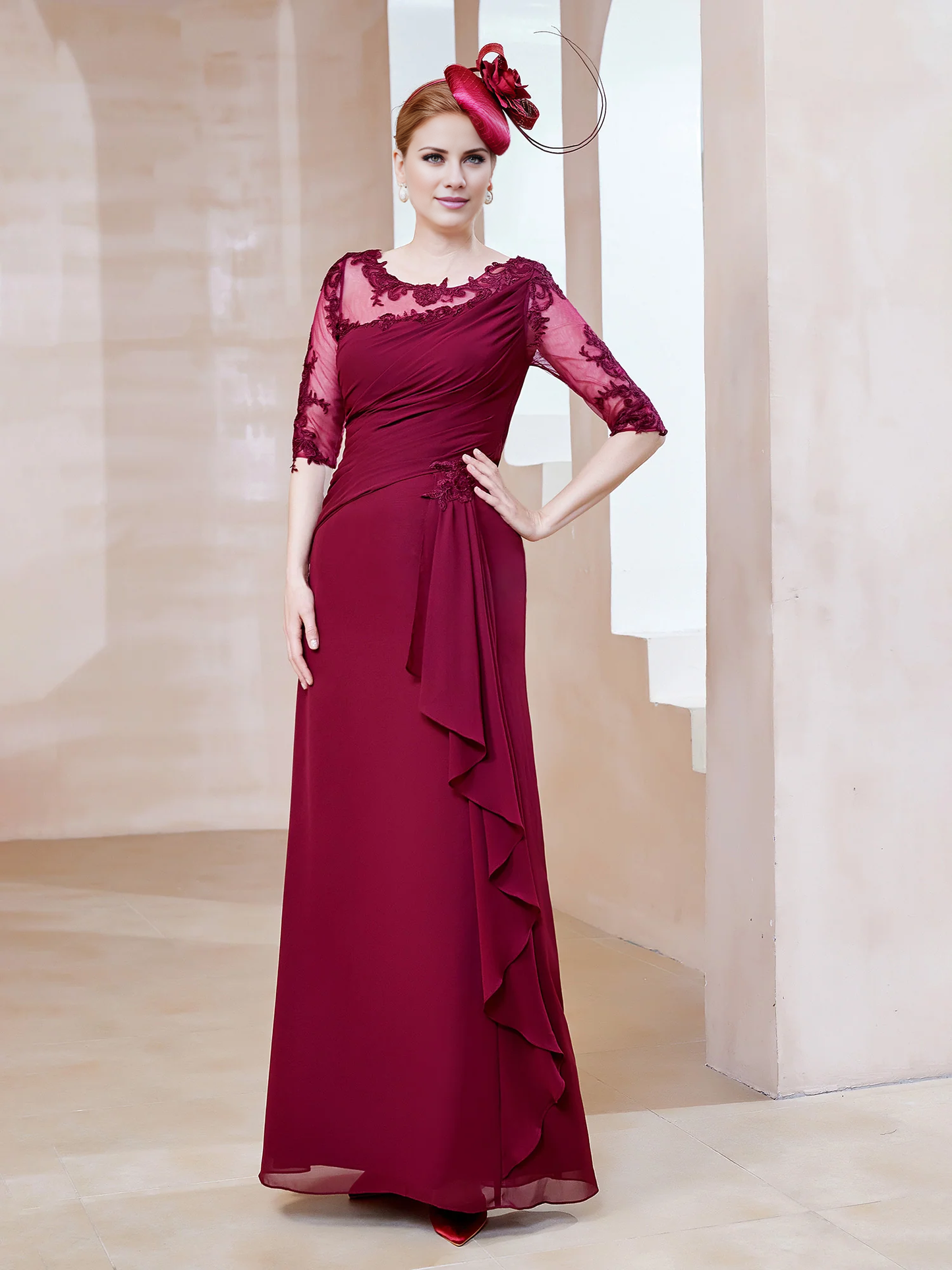 Low round lace neckline with ruffled edges, tight fitting mother of the bride dress