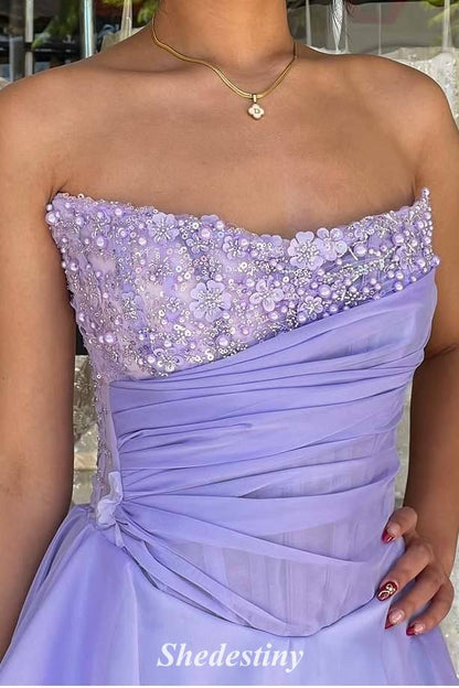 Tiered Lavender Beaded Sequin Strapless Prom Dress with A-Line