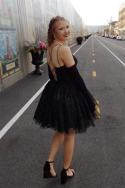Black A-line Double Straps Lace-Up Back Mini Dress with Gloves