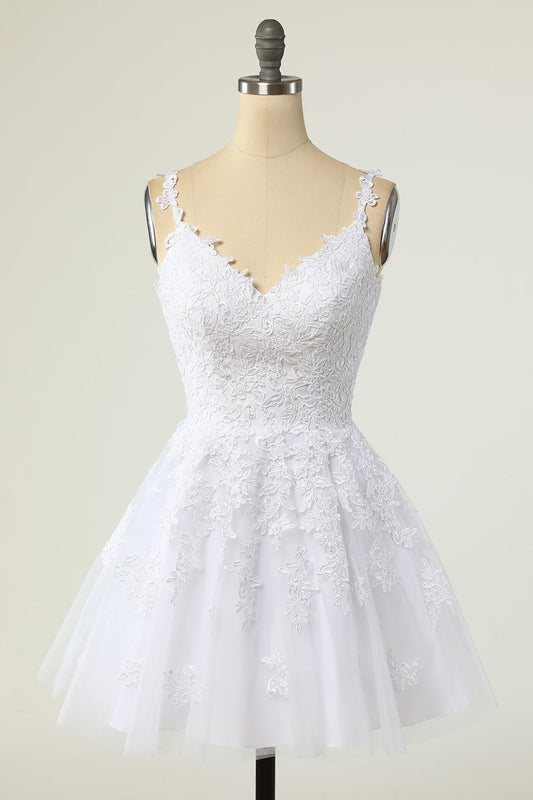 White Appliques V-Neck Lace-Up A-Line Short Party Dress