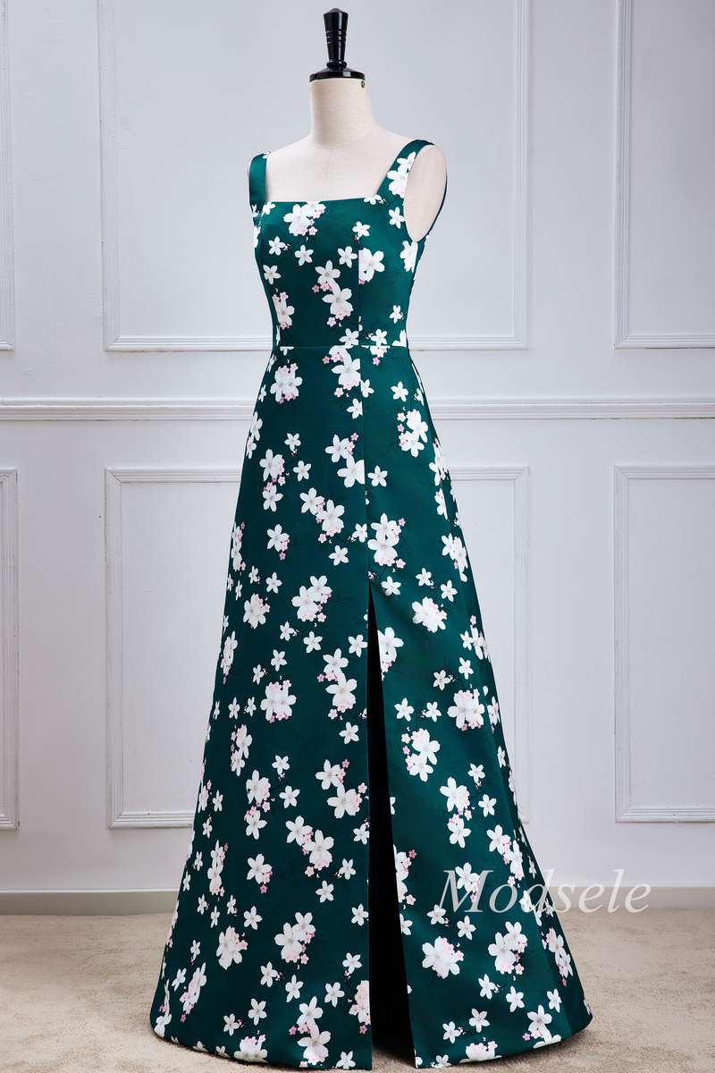 Emerald Print Square Neck Maxi Dress with Slit