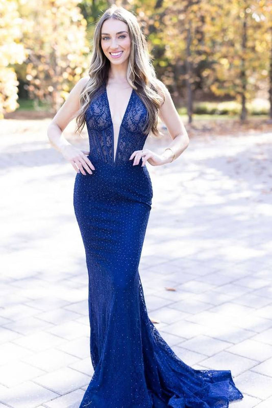 Rhinestone Blue Halter V-Neck Mermaid Long Prom Dress