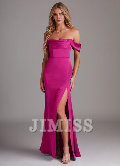 Off Shoulder Side Split Satin and Floor length Bridesmaid Dress - Jimiss Dress