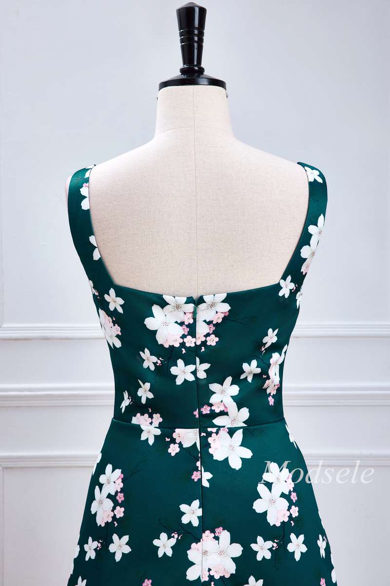 Emerald Print Square Neck Maxi Dress with Slit