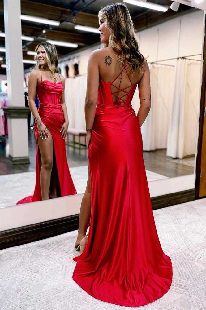 Royal Blue Lace-Up Back Pleated Satin Long Prom Dress with Slit