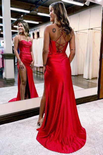 Royal Blue Lace-Up Back Pleated Satin Long Prom Dress with Slit