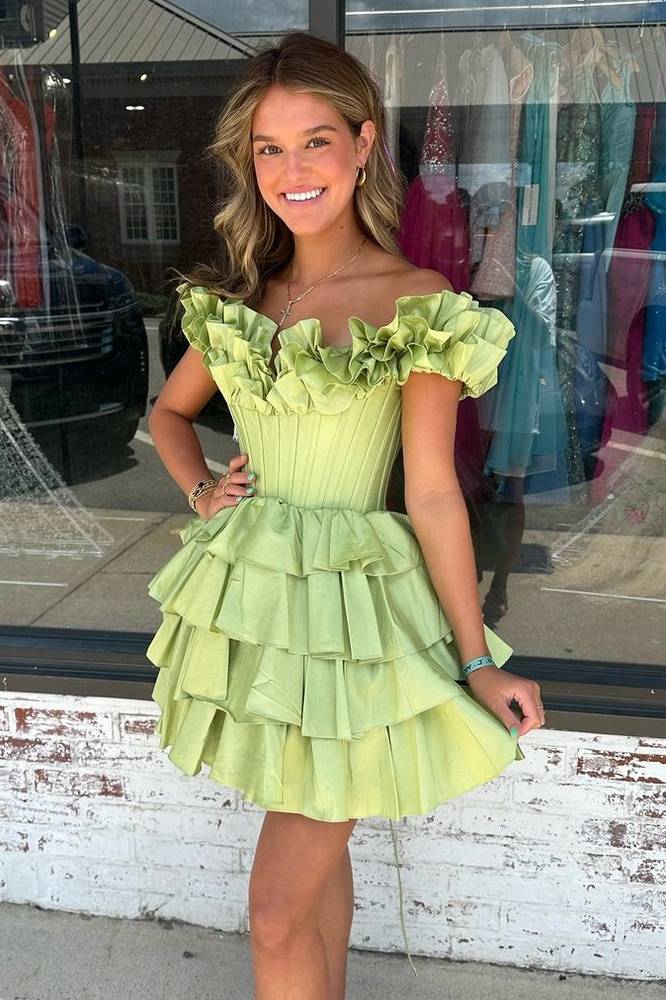 Hot Pink Off the Shoulder Ruffle Satin A-Line Empire-Waist Short Homecoming Dress