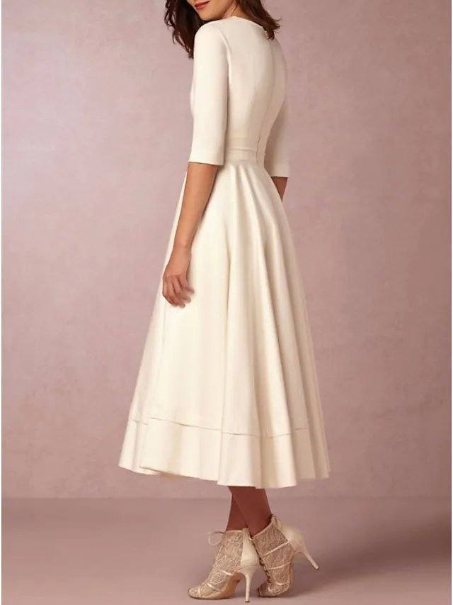 A-Line Wedding Dresses V Neck Tea Length Satin Half Sleeve Simple Casual Vintage Little White Dress 1950s - RongMoon