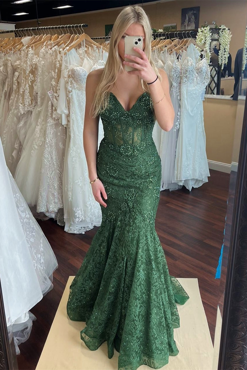 Green Lace Beaded Sweetheart Trumpet Long Prom Gown