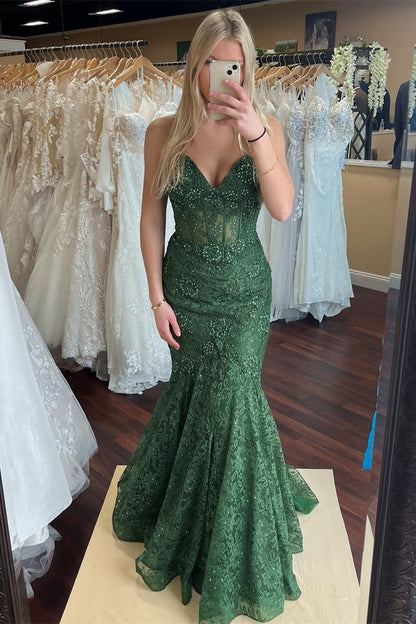 Green Lace Beaded Sweetheart Trumpet Long Prom Gown