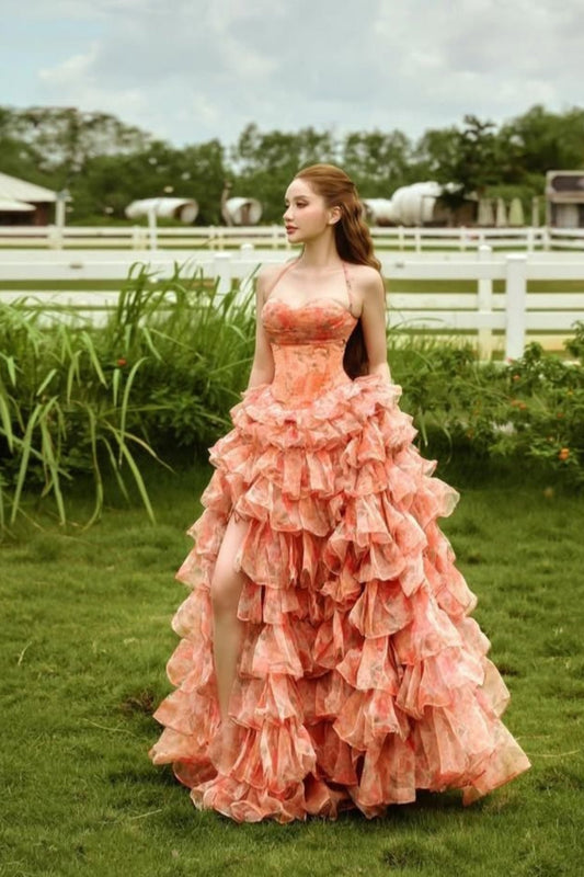 girlhomeshops- Orange floral slit long dress tulle gh6198