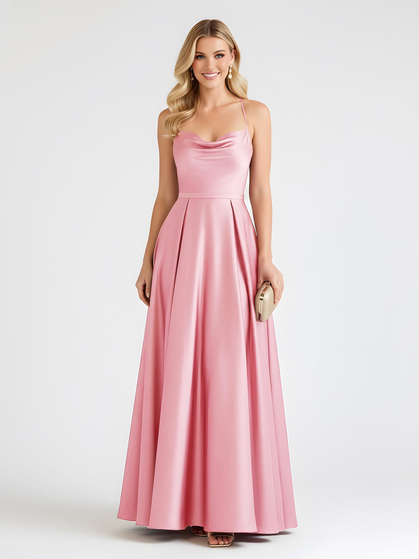 A-Line Satin Floor Length Cowl Neck Ruched Dresses Flamingo