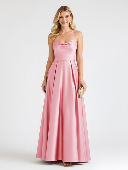 A-Line Satin Floor Length Cowl Neck Ruched Dresses Flamingo