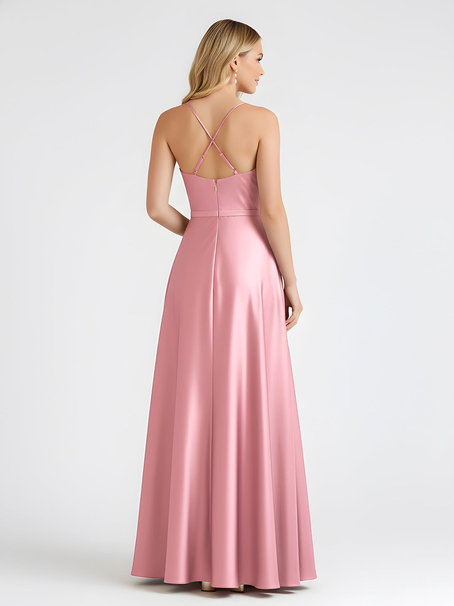 A-Line Satin Floor Length Cowl Neck Ruched Dresses Flamingo
