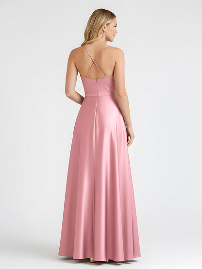 A-Line Satin Floor Length Cowl Neck Ruched Dresses Flamingo