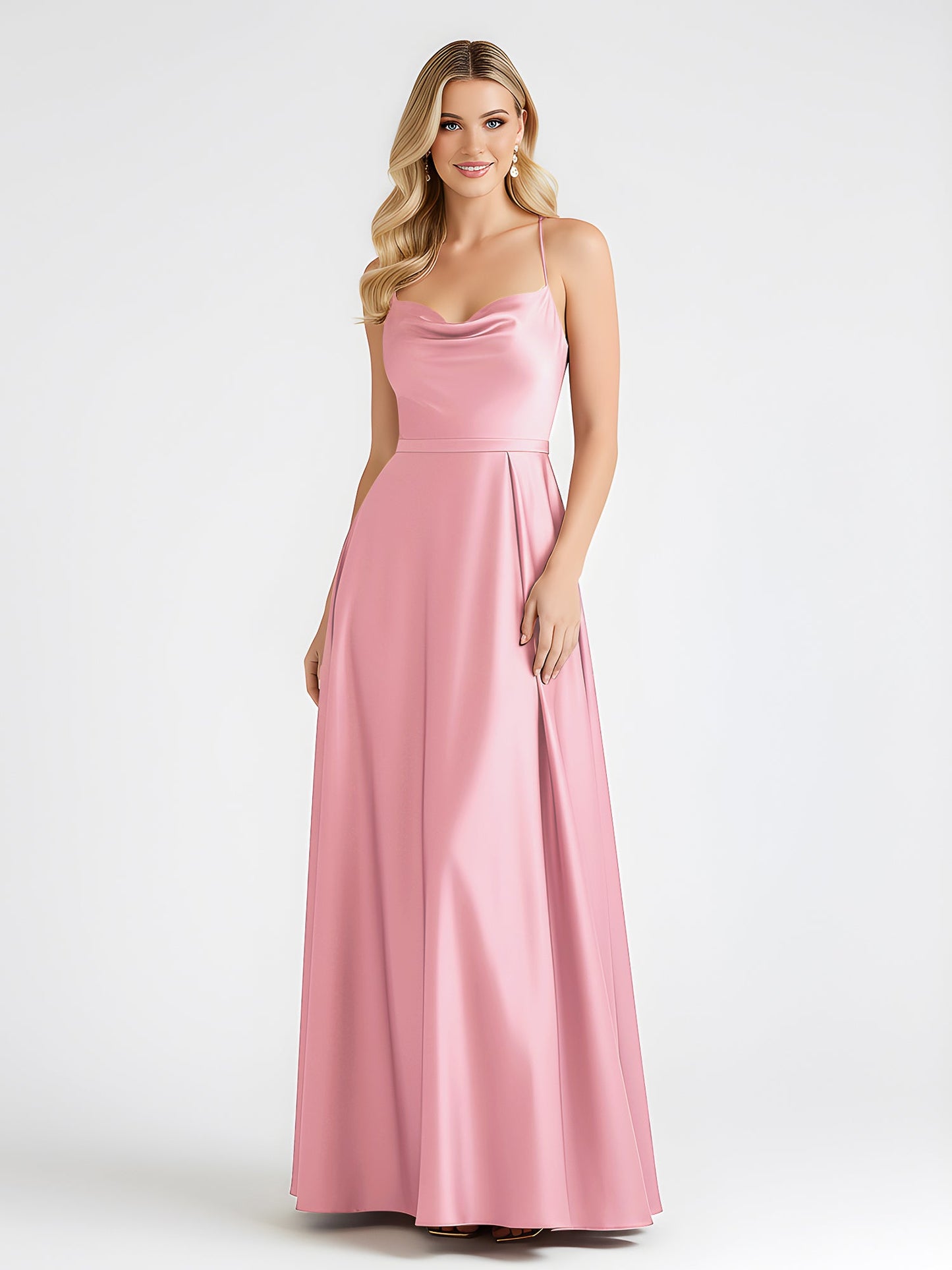 A-Line Satin Floor Length Cowl Neck Ruched Dresses Flamingo