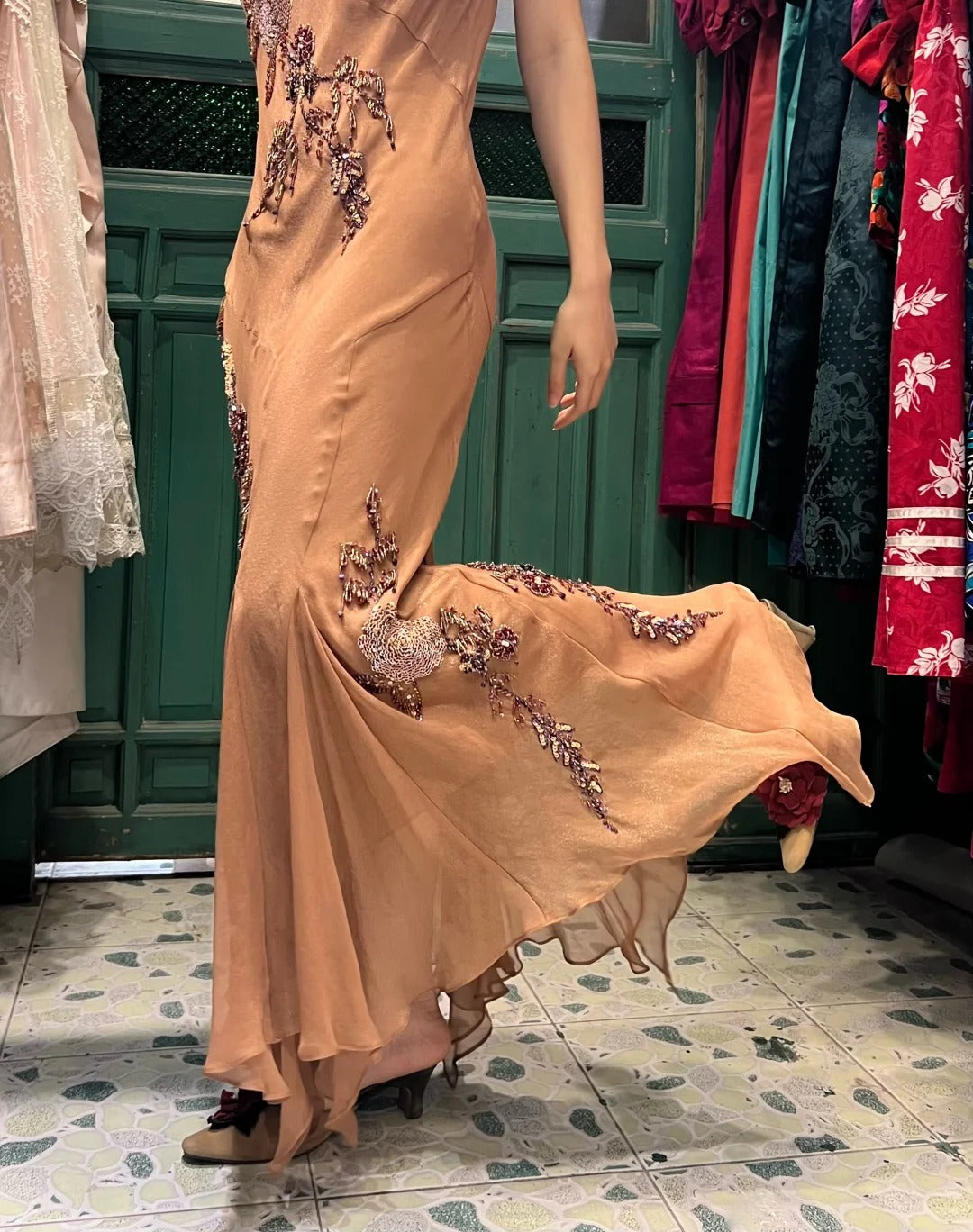 Elegant Brown And Gold Mermaid Halter-Neck Embroidered Beaded Chiffon Long Prom Dress Evening Dress cc5296