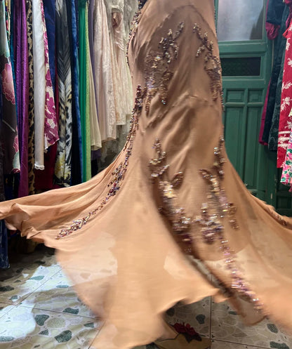 Elegant Brown And Gold Mermaid Halter-Neck Embroidered Beaded Chiffon Long Prom Dress Evening Dress cc5296