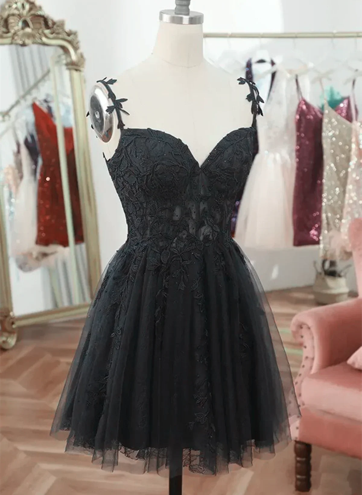 Fancy Black Short Dresses Party A-line Tulle Cocktail Dress