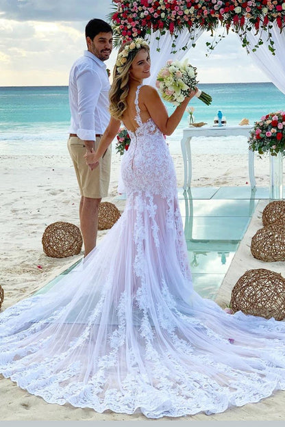 Mermaid Spaghetti Strap White Wedding Dress with Chapel Train
