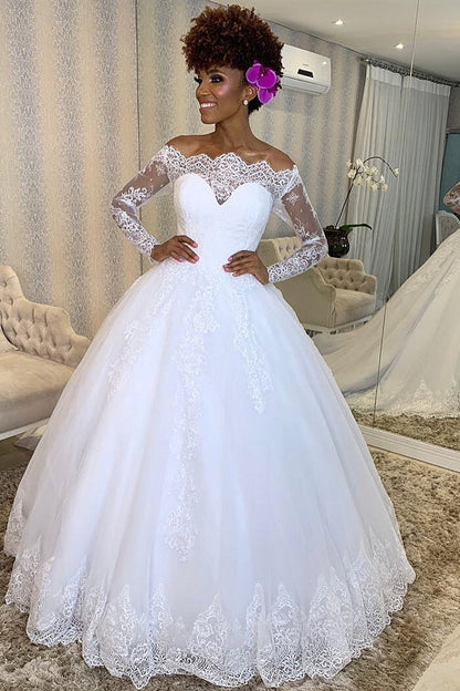 Princess Long Sleeves Off Shoulder A-line White Wedding Dress