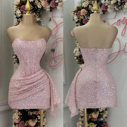Cute Pink Shiny Sequin Strapless Bodycon Short Party Dress Cocktail Dress Homecoming Dress HZ1024